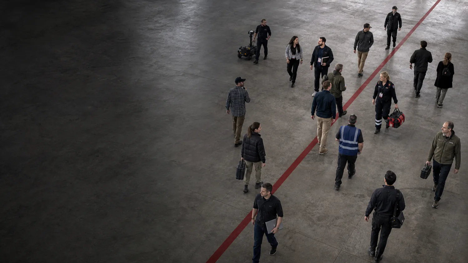 Operational professionals moving through a shared industrial environment beside a red line